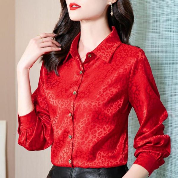 Blouses feminina Roupas de moda Mulheres camisa de manga comprida Camisa bege vermelha Slim Jacquard Blush Office Ladies Formal OL Tops Casual Straight Blasus