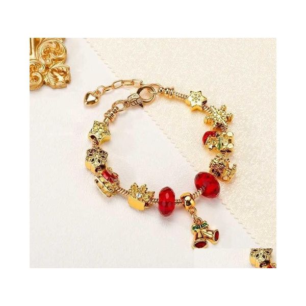 Braccialetti con ciondoli Stile europeo Fai da te Bracciale in oro con foro grande Regali di Natale Per le donne Ciondolo a campana Cristallo rosso Stella 3D Fiocco di neve Dro Dhmnj