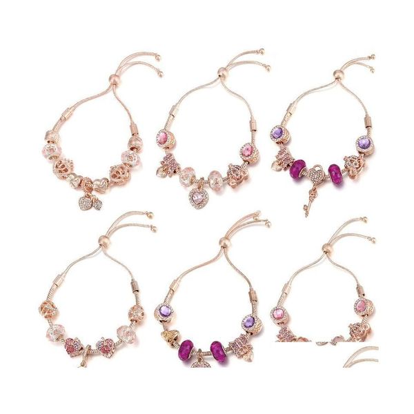 Braccialetti con ciondoli Colore rosa Regolabile Psera Donna Cz Corona Ciondolo cuore serratura Zucca Car Charms Bracciale Uomo Perle di vetro Fai da te Bijoux Dhuz8