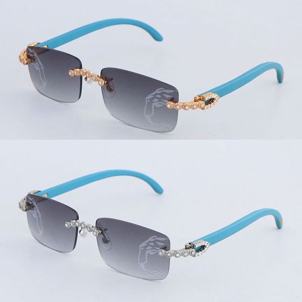 Óculos de sol luxuosos de moissanite diamante sem aro para mulheres, lentes masculinas de madeira originais, óculos destacáveis, óculos grandes azuis da moda, tamanho masculino 58-18-140 mm