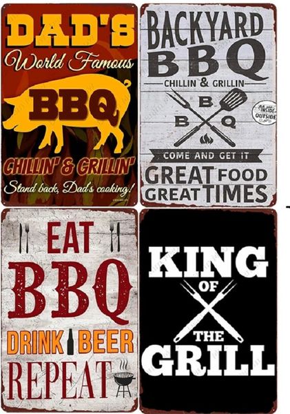 Backyard BBQ Metal Painting Vintage Grill King Tin Sign Bar Pub Garden Decor Dad's BBQ Wall Plate ChillinGrillin Targa retrò 20cmx30cm Woo