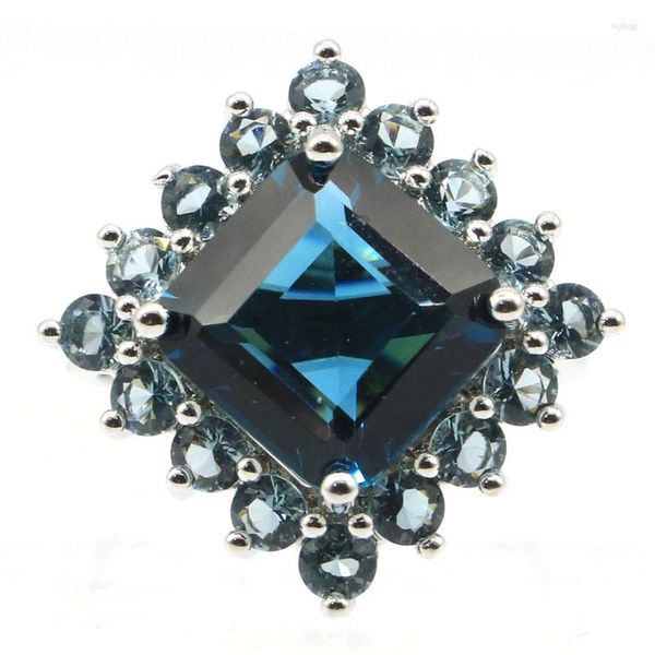 Cluster-Ringe, 22 x 22 mm, wunderschön, quadratisch, 5 g, dunkler Londoner Blautopas, für Damen, Verlobung, Dating, 925er Silber