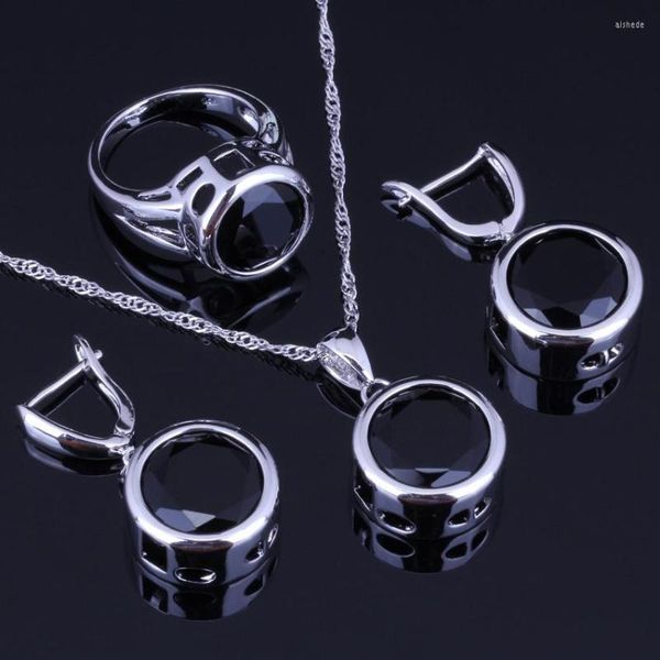 Brincos de decote Conjunto de zircônia cúbica redonda elegante 925 Prata esterlina para mulheres anel de cadeia pendente V0007
