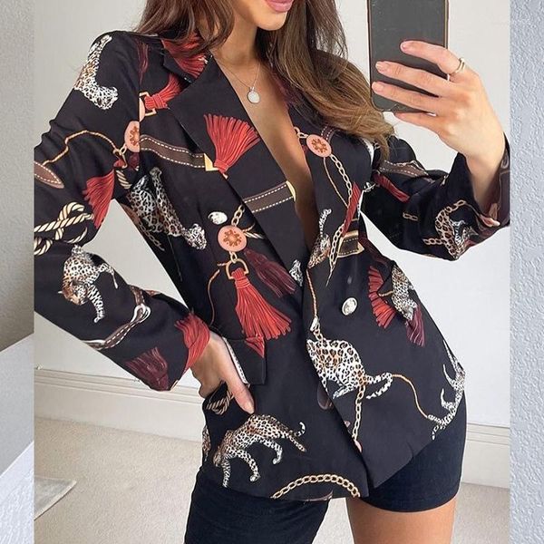 Ternos femininos de impressão irregular de leopardo vintage Blazer jaqueta High Street Fashion 2022 Plus Tamanho Elegante Lady Coat American Stylish