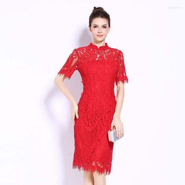 Abiti da festa 2022 estate stile cinese donna manica corta sottile pizzo matita rossa vestito Chipao 5xl 4xl cheongsam per le donne