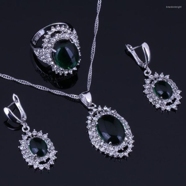 Halskette Ohrringe Set Set Clean riesiger oval gr￼n kubisch Zirkonia Wei￟ CZ 925 Sterling Silber f￼r Frauen Anh￤nger Kettenring V0269