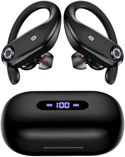 fones de ouvido de TWS Bluetooth fones de ouvido de 4 mics CLEY CHAMADA 100HRS Time de reprodução com 2200mAh CASA DE CARGA sem fio sem fio Earbuds sem fio sobre a orelha para esportes Guning Gaming Black