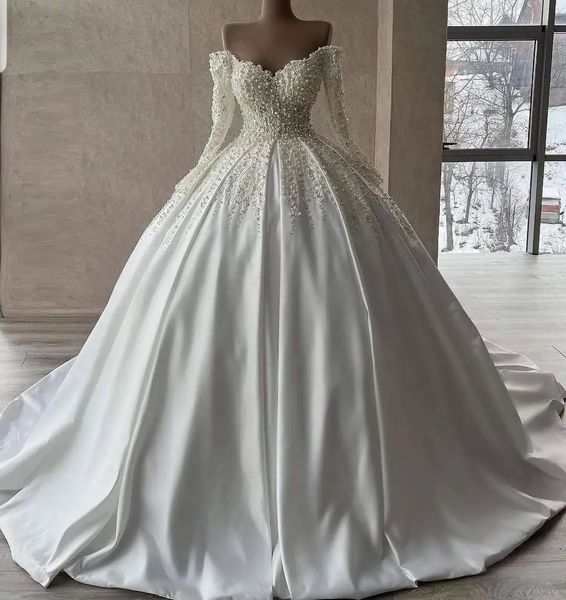 Abiti da ballo eleganti Abiti da sposa Applicazioni Scollo a V Maniche lunghe Paillettes Perline Perle Increspature in raso Celebrity Floor Length Abiti da sposa Celebrity di lusso Taglie forti