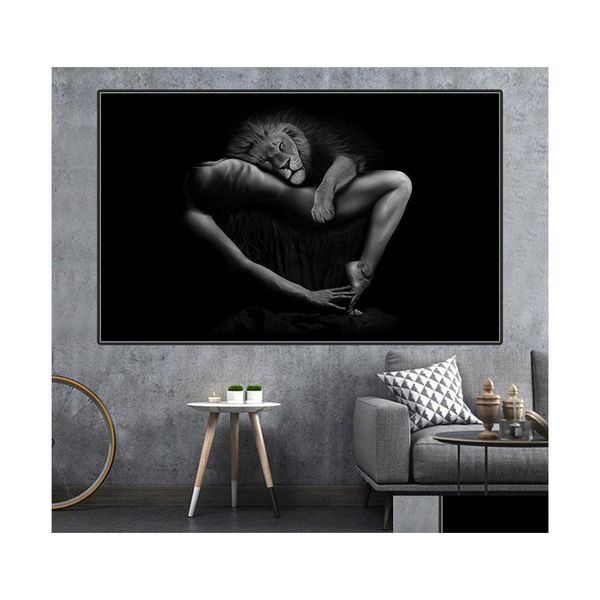 Dipinti Cuore di leone in bianco e nero con immagini di donna nuda Corpo sexy Tela pittura Wall Art Poster di moda per soggiorno Dro Dhdst