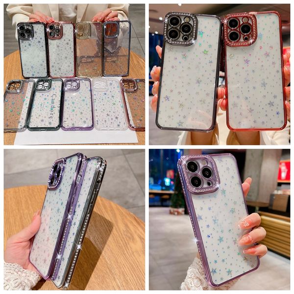 İPhone 15 için Bling Pırlanta Kaplama Yıldız Kılıfları 14 Pro Max Plus 13 12 11 XR XS MAX X 8 7 Yıldızlı Kağıt Değiştiren Lüks Krom Metalik Yumuşak TPU Glitter İnce Delik Telefon Kapağı