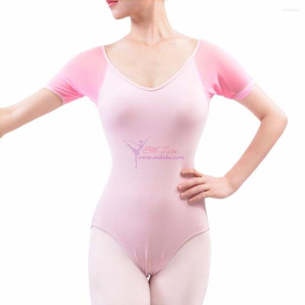 Bühne tragen Kurzarm Ballett Tanz Trikot Rosa Mesh Spandex Lycra Gymnastik Frauen Erwachsene Bodysuit Kleidung