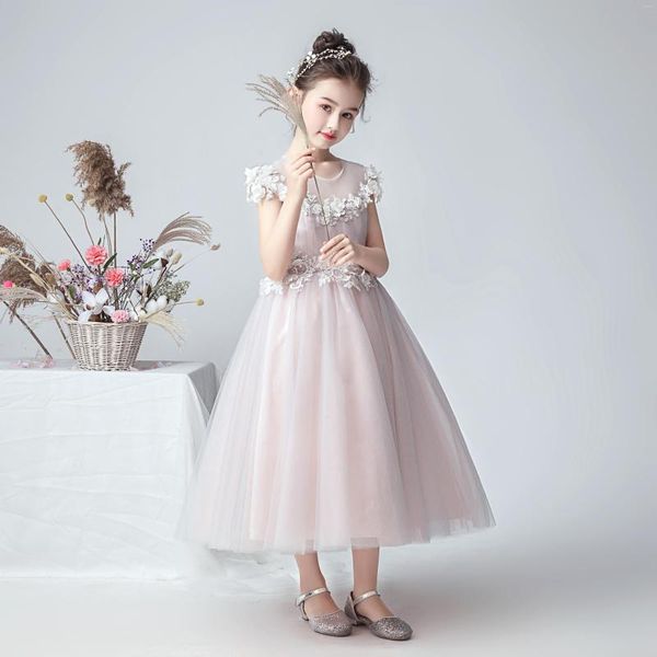 Kız Elbise Pembe Çiçek Elbise Düğün Aplike Tül Tül Kapağı Kolları Kızlar Resmi Prenses Parti Pageant önlükleri Junior Nedime