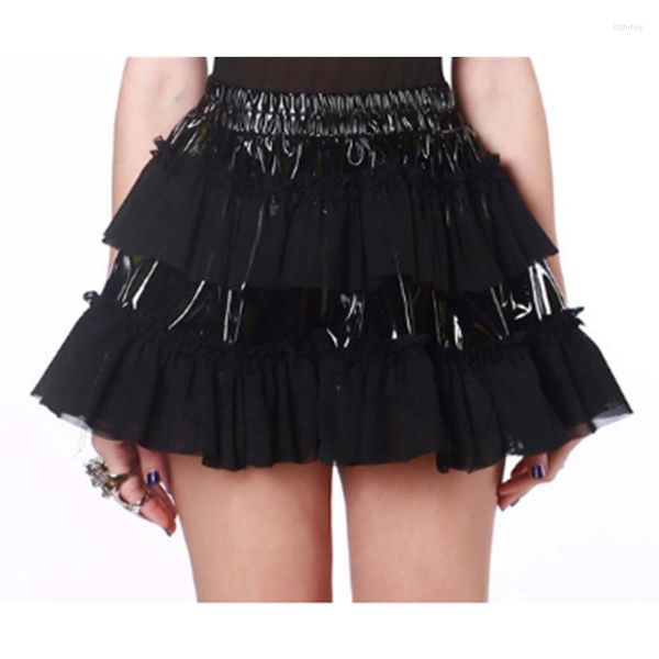 Röcke Frauen Sexy Schwarz PVC Steampunk Minirock Mesh Patchwork Top Kostüm Hohe Taille Burlesque Tutu S-2XL