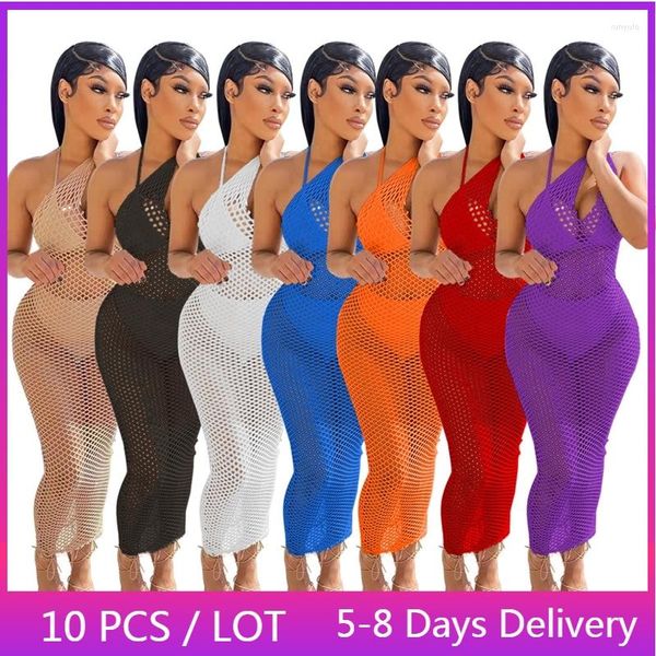 Vestidos casuais itens por atacado Hollow Out praia para mulheres roupas transparente de verão boho mangas bodycon sexy maxi