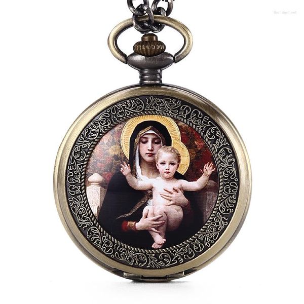 Taschenuhren 2022 Ankunft Antike Jungfrau Maria Mutter und Sohn Po Quarzuhr Halskette Fob Kette für Männer Geschenke Relogio de Bolso