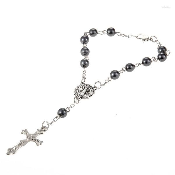 Braccialetti con ciondoli Bracciale con pendente a croce con rosario cattolico alla moda, perline di plastica, per gioielli da donna, braccialetti, regali religiosi