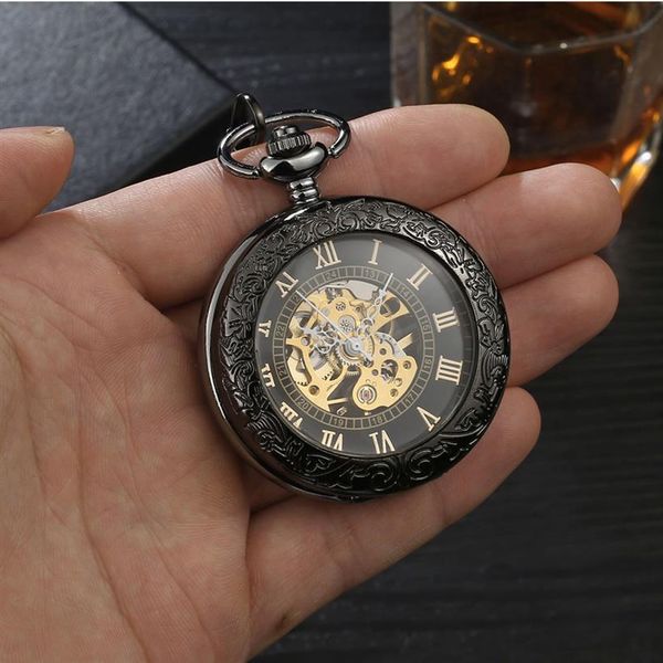 PURE PEARL Black Steampunk Retro Machinery Fob Orologio scavato Collana Movimento Orologi da tasca con catena Uomo Donna Orologio Gifts286e