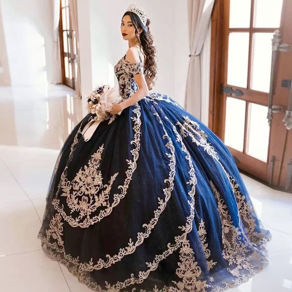 Lacivert quinceanera elbisesi - tatlı 16 balo için işlemeli charro tarzı balo elbisesi
