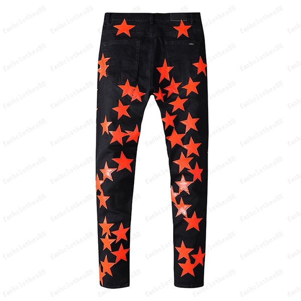 Herren Jeans Designer zerrissen Slim Fit Skinny Hosen Orange Star Patch Wearable Biker Dehnbar trendy langen geraden Hüfthop mit Löchern Blau Cy8p