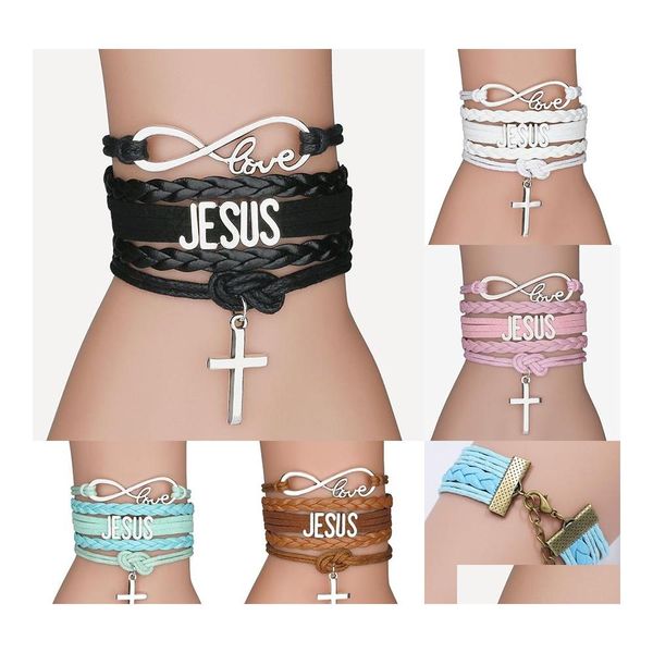 Очарование браслетов модные кросс -плетеная кожаная веревка для женщин Религиозное Иисус Любовь Бесконечные шрифты