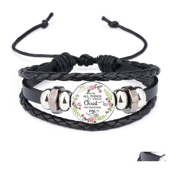 Braccialetti con ciondoli Fashion Christian Bible Lesson Pelle per donne Cristiani Scrittura Glass Time Gem Cabochon Bangle Gioiello religioso Dhooh