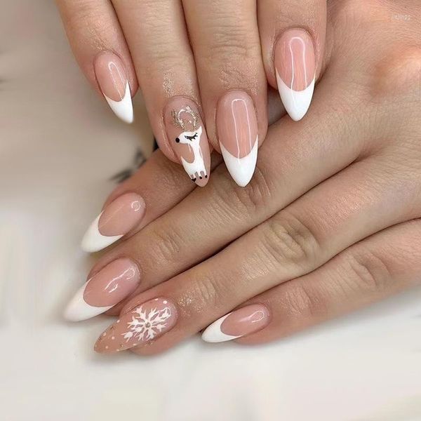 Unghie finte Unghie finte 24 pezzi Natale falso staccabile stiletto francese fiocco di neve alce ballerina mandorla natale stampa sulla punta del manicure