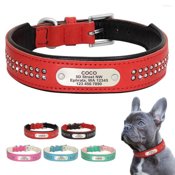 Colarinho de cachorro colar de couro personalizado cães de strass personalizados colar ajustável para animais de estimação para pequeno médio grande gravado livre