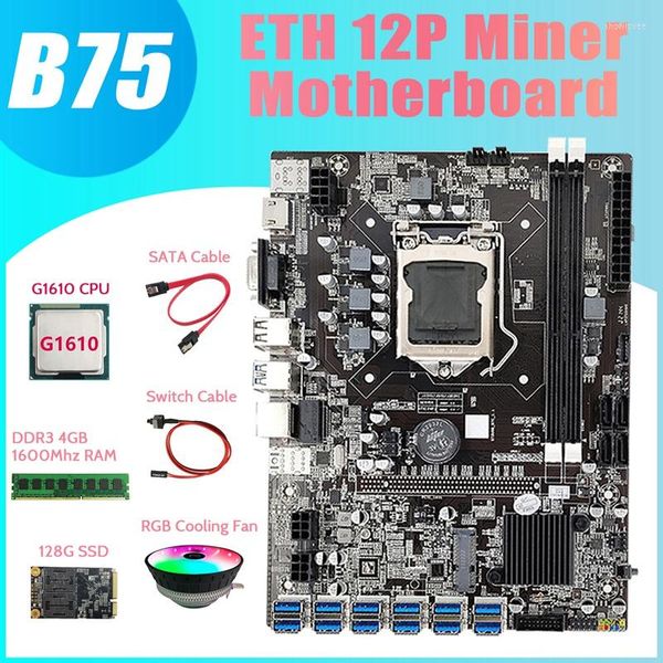 Placas -mãe AU42 -B75 BTC Mining MotherBoard 12 USB G1610 CPU RGB FAN DDR3 4GB 1600MHz RAM 128G SSD Cable Sata
