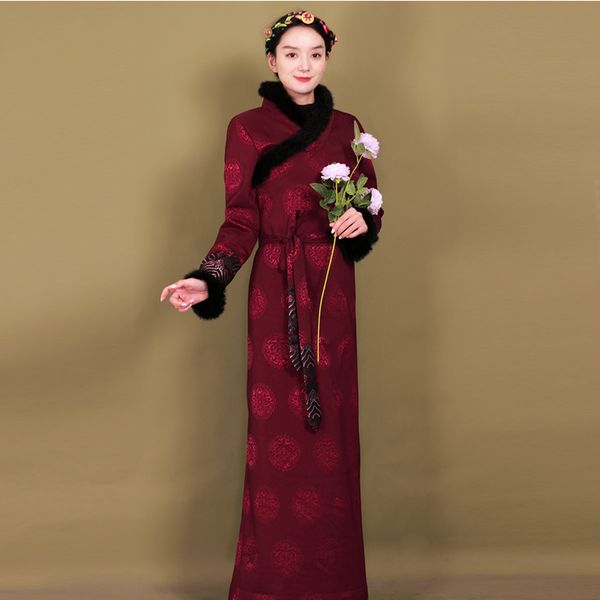 Tibet ethnische Kleidung Vintage langes Kleid elegante Winterrobe traditionelle Frauen orientalische Vestido asiatische Kostüm