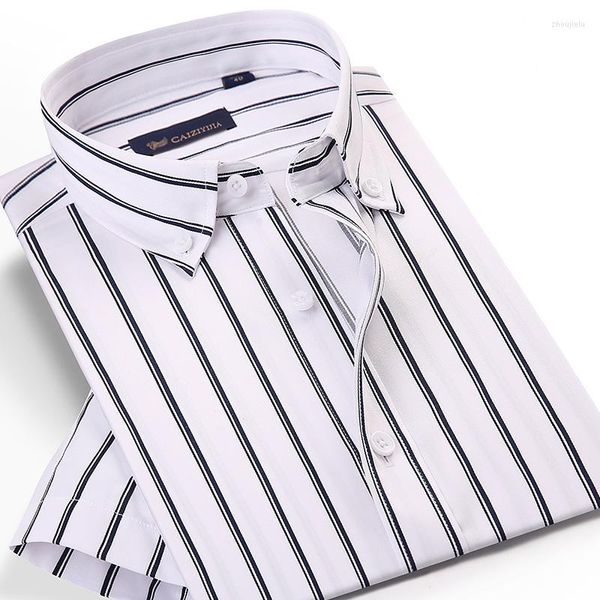 Camisa casual masculina camisa listrada de verão masculino fibra de bambu de manga curta listras duplas sem bolso de brotonete de ajuste padrão