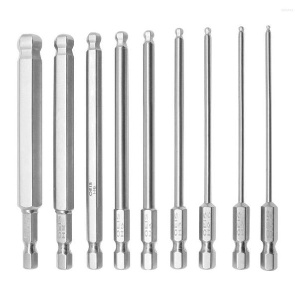 Professionelle Handwerkzeug-Sets, 9 Stück, 1/4 Zoll Sechskantkopf, Inbusschlüssel, Bohrer, S2-Stahl, 100 mm, metrischer langer Griff, Schlüssel, Schraubendreherspitze, Sockel