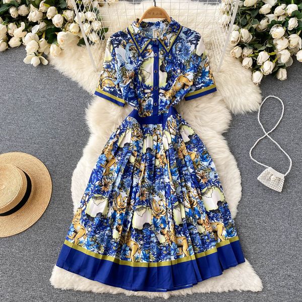 2023 Vestido de moda de moda de verão Mulheres Mulheres de manga curta Estampa de flor de flor elegante vestidos de festa plissados ​​vestidos