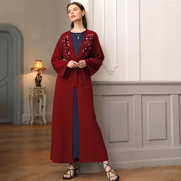 Abbigliamento etnico 2022 Rosso fatto a mano tridimensionale Fiore Diamante Abito musulmano Abito cardigan da donna arabo Kimono aperto Jalabiya Dubai