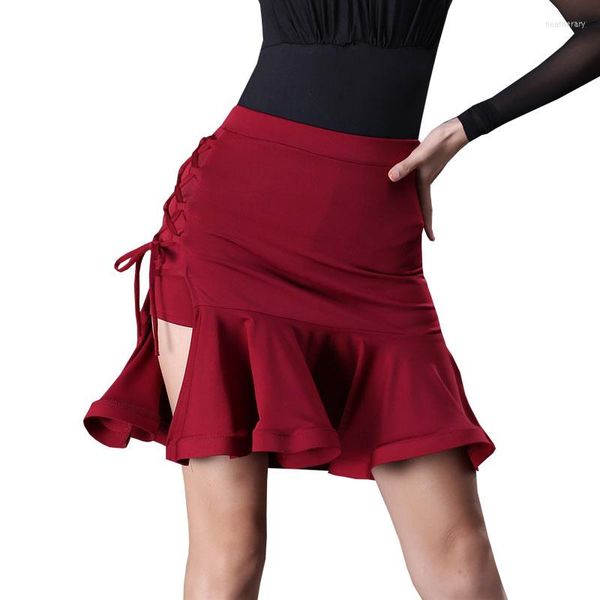 Abbigliamento da palcoscenico Costume da ballo latino Gonna professionale da donna Abbigliamento da allenamento Adulto asimmetrico Vino rosso Colore nero