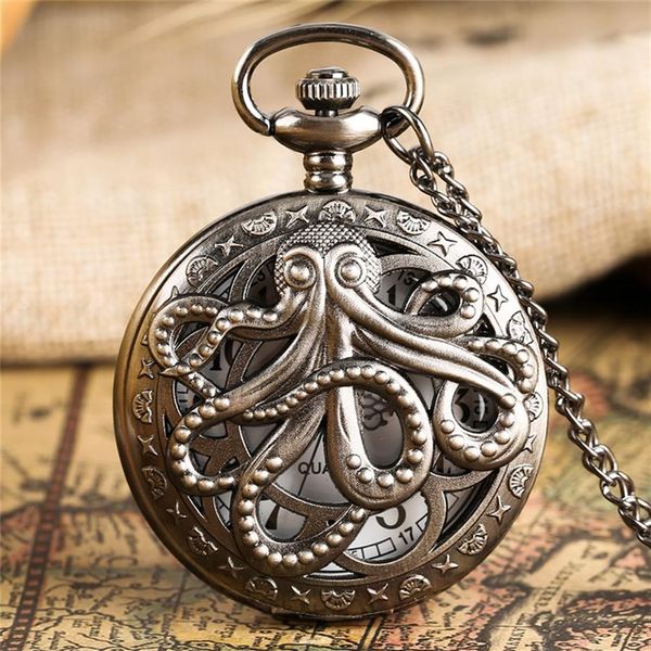 Retro Octopus Hollow Half Hunter Quartz Pocket Pocket Watch vintage Grey Bronze Colar Pinging Chain For Kids Men Women Relloj251y