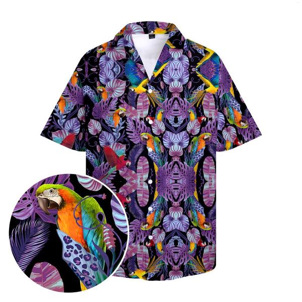 Camisa casual masculina camisa masculina estilo havaí papagaio roxo cool tops roupas de manga curta y2k button summer praia de praia plus size size