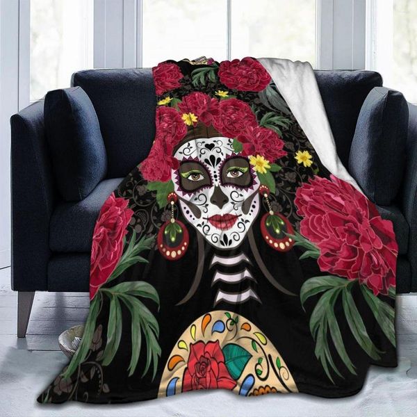 Coperte Coperta di flanella Calavera Peonie Teschi di zucchero Leggero sottile Lavaggio meccanico Caldo Morbido tiro sul divano letto Patchwork da viaggio