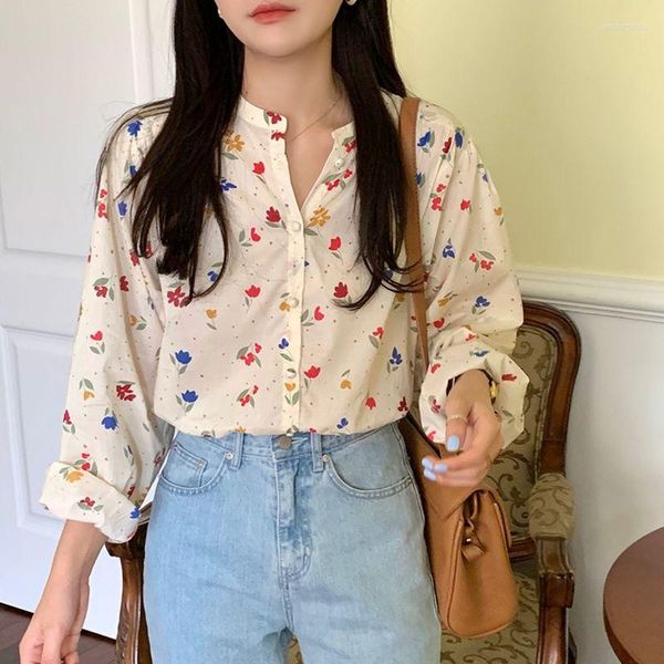 Blusas femininas camisas florais femininas verão estilo coreano design casual solto doce meninas lindos tops para todos os jogos vintage retrô moda longo