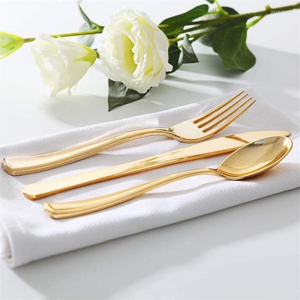 Set di stoviglie 75-300 pezzi Posate in oro usa e getta Set di stoviglie in plastica per feste di matrimonio Forchetta in bronzo Cucchiaio Compleanno Argenteria Cena dorata