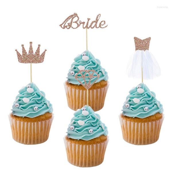 Forniture per Feste JQSYRISE 8 Pezzi Rosegold Sposa Cupcake Topper con Anello di Diamanti Corona Abito da Sposa Addio al Nubilato Addio al Nubilato