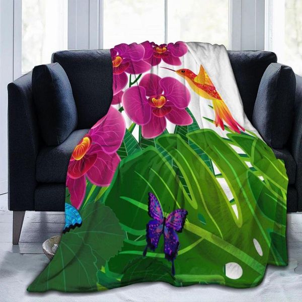 Coperte Coperta unica per amici di famiglia Fiori di orchidea floreali con farfalle di uccelli Super morbida e confortevole per il regalo di casa