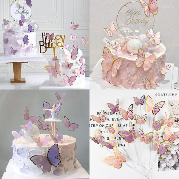 Festive Supplies 10 Stück Gold-Rosa-Schmetterlings-Kuchenaufsatz zum Prägen, Prinzessin, Mädchen, Hochzeit, alles Gute zum Geburtstag, Party-Dekoration, Dessert