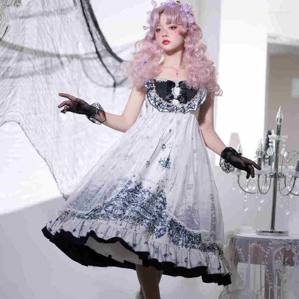 Lässige Kleider Patchwork Gothic Lolita Langes Partykleid Elegante Frauen Vintage Sweet Dream Sommer Ärmellose Schleife Spitze Prinzessin