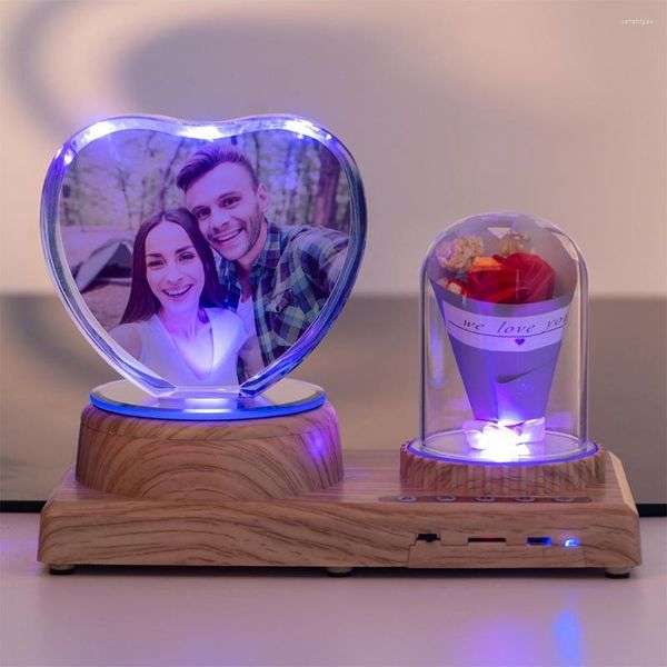 Estatuetas decorativas Bluetooth Music Personalizado Texto personalizado Po Night Light Gift Box Centro 3D Cristal Inscreição Aniversário de Natal Amante