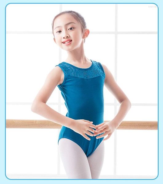 Stage Wear 2022 Cotone Lycra Pizzo Nero e Bule Ragazze Danza Body per bambini Aperto sul retro Balletto Stretch Body Dancewear