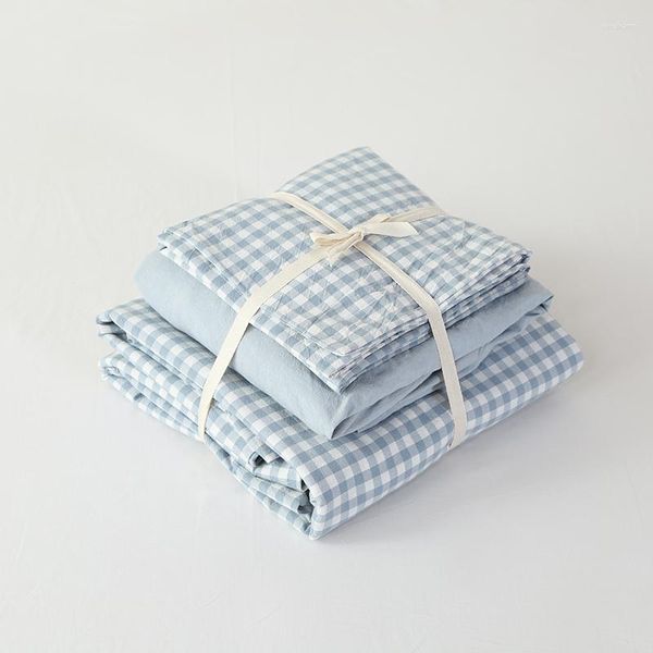 Set di biancheria da letto in cotone lavato 4 pezzi Set scozzese blu stile vintage Copripiumini e lenzuolo con angoli per camera da letto eleganti