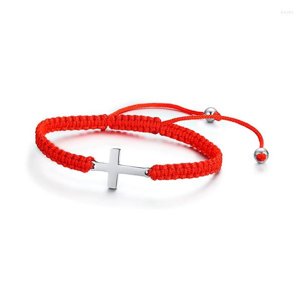 Bracciale rigido religioso regolabile Anka in acciaio al titanio con croce in nylon, braccialetto rosso nero intrecciato cristiano B00436