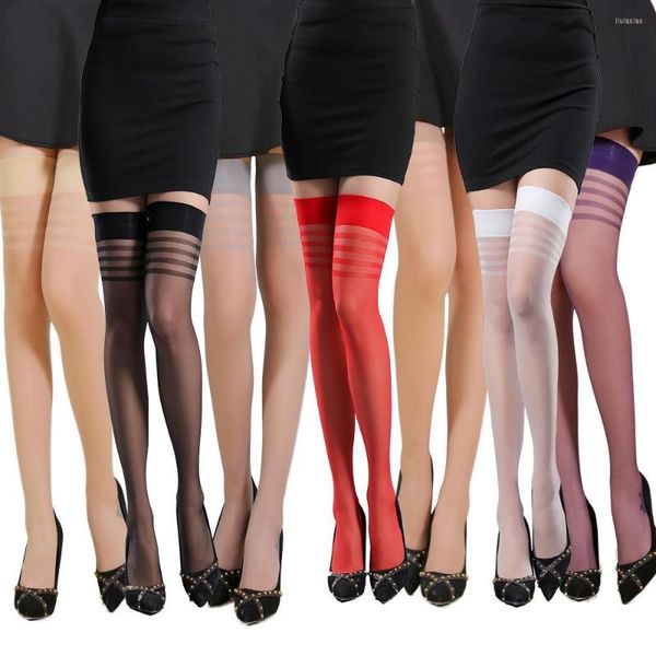 Frauen Socken Sexy Top Gestreiftes Nylon Glänzende Oberschenkel Hohe Ultradünne Strümpfe Öl Blinkt Über Knie Elastische Strumpfwaren Plus Größe Lange