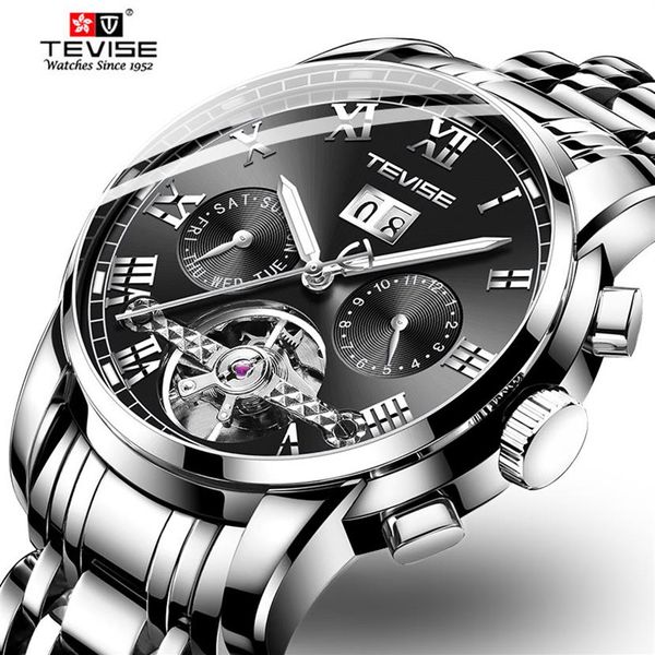 TEVISE MENS RESPOSTA AUTOM￁TICO DE LUZULO A￧o inoxid￡vel Tourbillon Moon Fase Watch Mechanical Watch Gifts Relogio Masculino311s