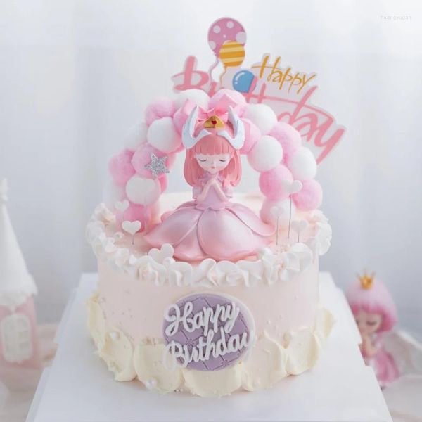 Forniture festive Rosa simpatico cartone animato Ragazza Dream Princess Serie Resina Cake Topper Ornamenti Cottura Decorazione auto Cuore Buona festa di compleanno